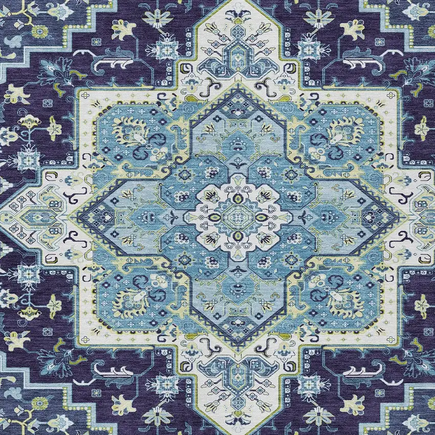 Navy Blue Ivory And Black Oriental Washable Indoor Outdoor Area Rug Photo 8