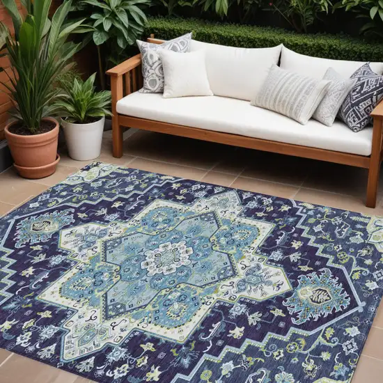 Navy Blue Ivory And Black Oriental Washable Indoor Outdoor Area Rug Photo 1