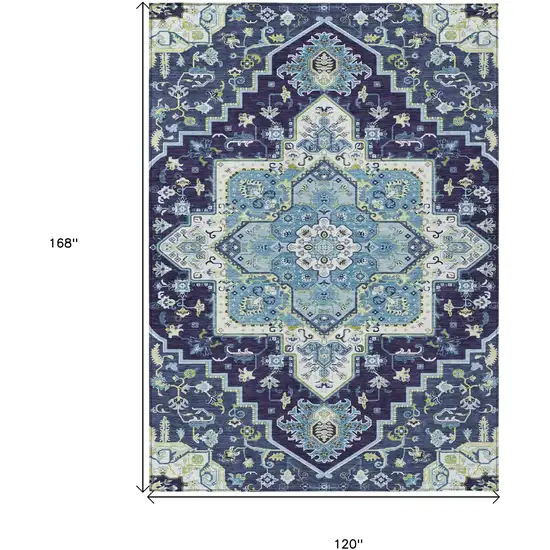 Navy Blue Ivory And Black Oriental Washable Indoor Outdoor Area Rug Photo 3