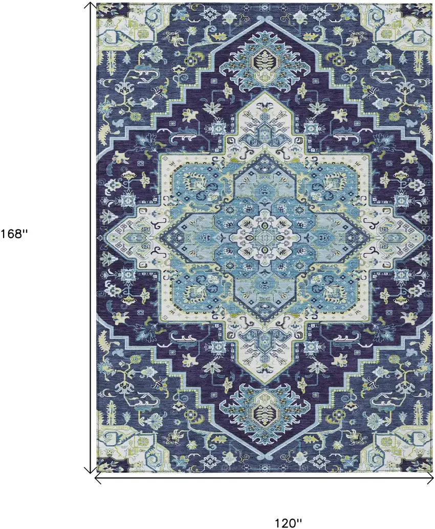 Navy Blue Ivory And Black Oriental Washable Indoor Outdoor Area Rug Photo 3