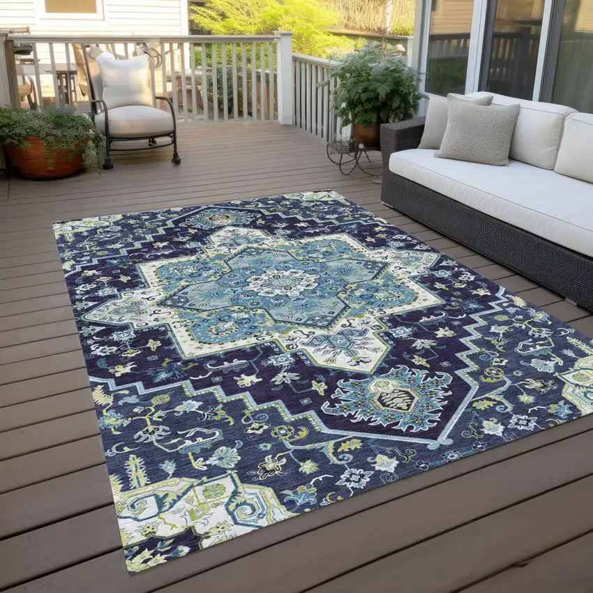 Navy Blue Ivory And Black Oriental Washable Indoor Outdoor Area Rug Photo 9