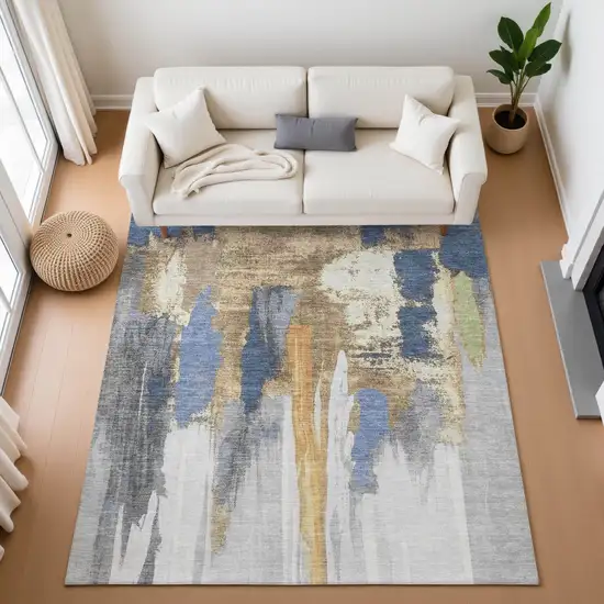 Navy Blue Ivory And Brown Abstract Washable Area Rug With UV Protection Photo 5