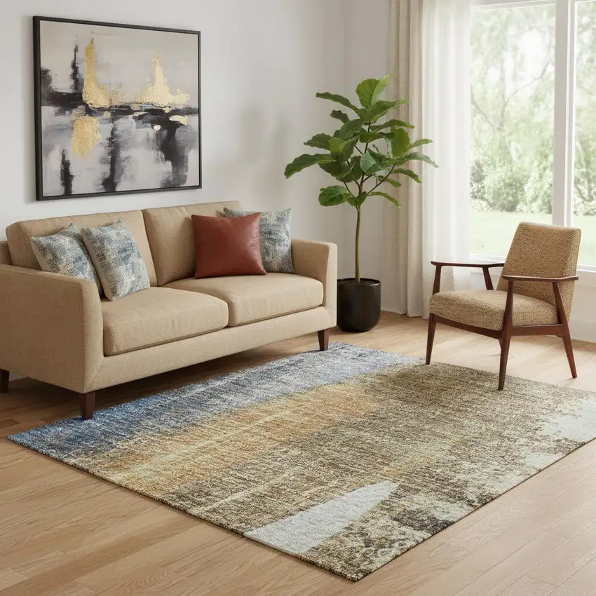 Navy Blue Ivory And Brown Abstract Washable Area Rug With UV Protection Photo 2