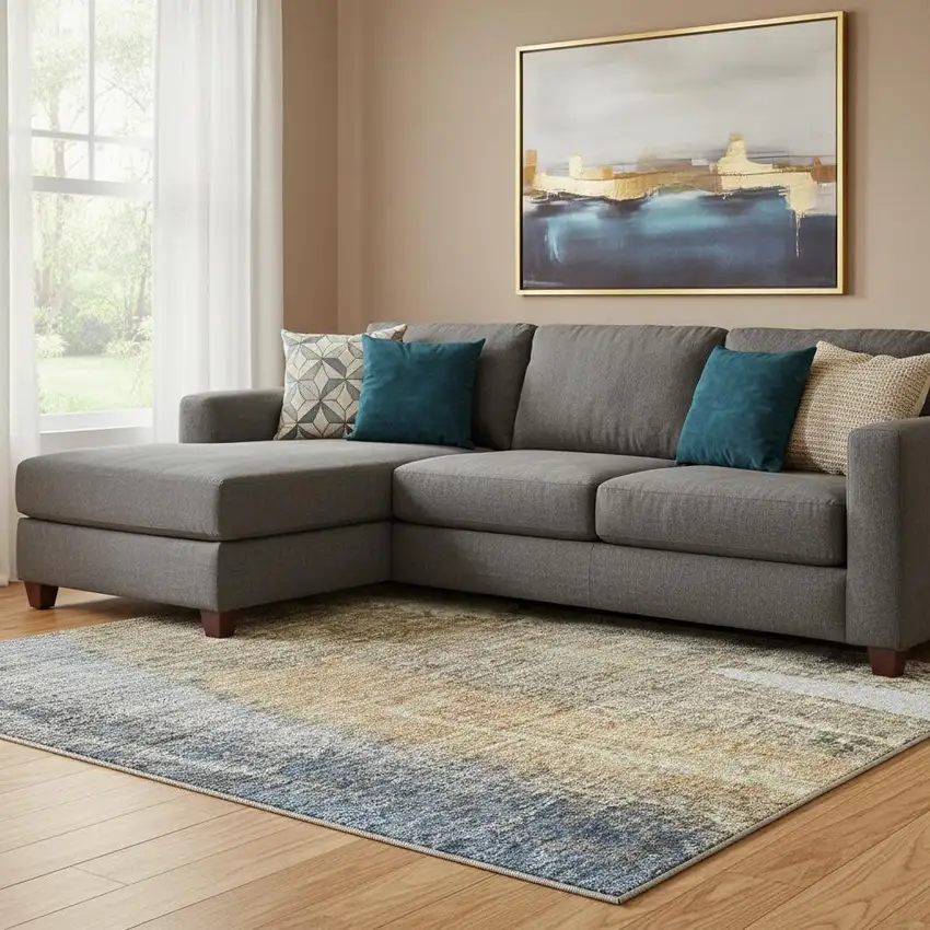 Navy Blue Ivory And Brown Abstract Washable Area Rug With UV Protection Photo 2