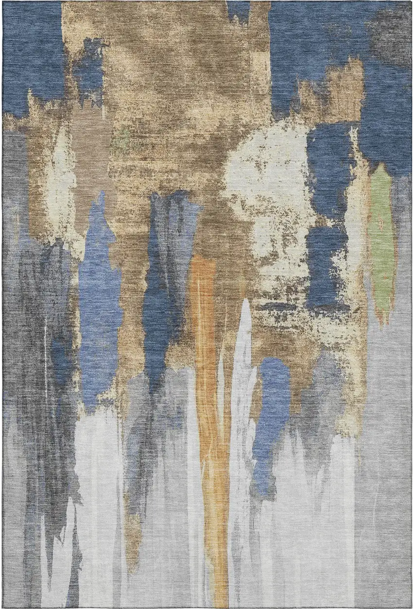 Navy Blue Ivory And Brown Abstract Washable Area Rug With UV Protection Photo 6