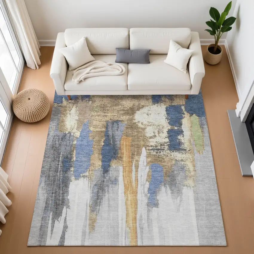 Navy Blue Ivory And Brown Abstract Washable Area Rug With UV Protection Photo 5