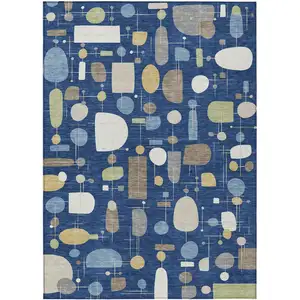 Photo of Navy Blue Ivory And Brown Geometric Washable Indoor Outdoor Area Rug