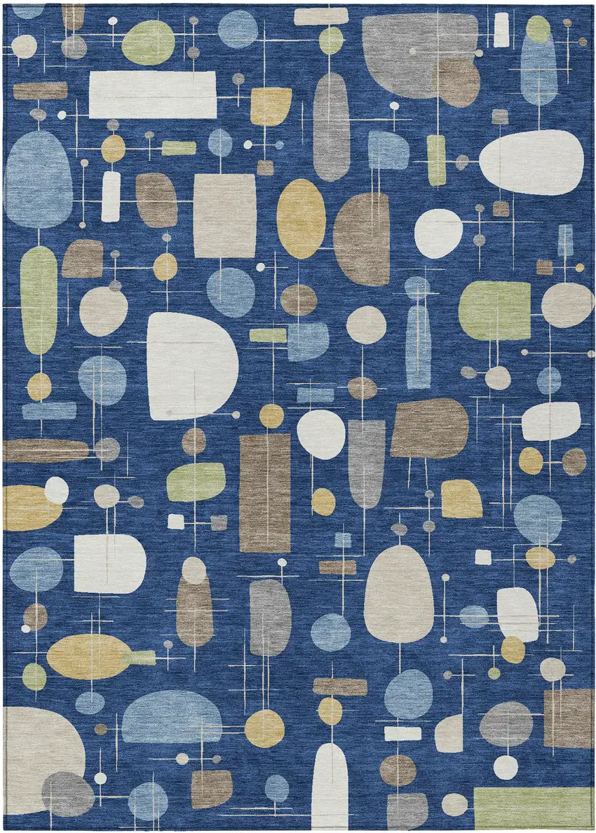 Navy Blue Ivory And Brown Geometric Washable Indoor Outdoor Area Rug Photo 1