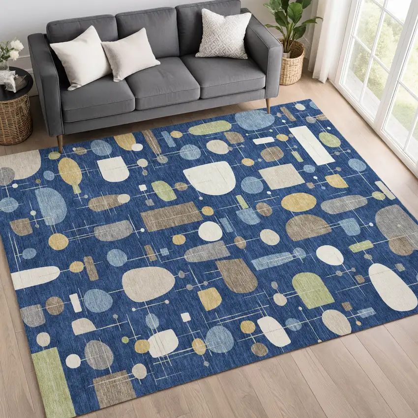 Navy Blue Ivory And Brown Geometric Washable Indoor Outdoor Area Rug Photo 5