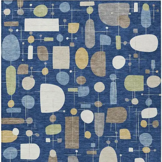 Navy Blue Ivory And Brown Geometric Washable Indoor Outdoor Area Rug Photo 2