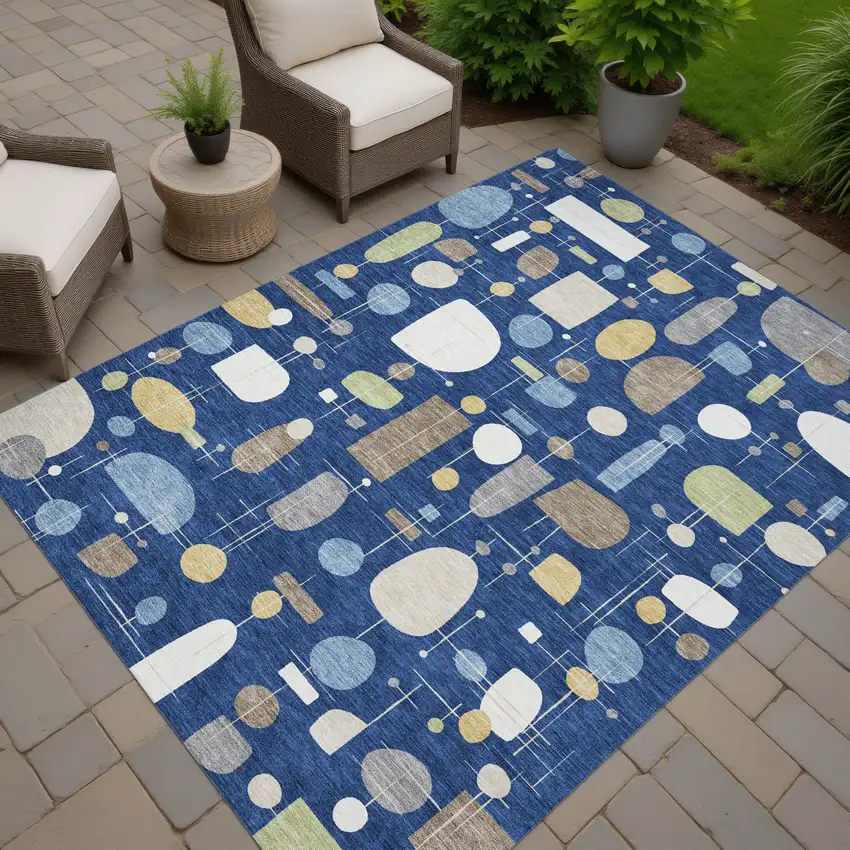 Navy Blue Ivory And Brown Geometric Washable Indoor Outdoor Area Rug Photo 7