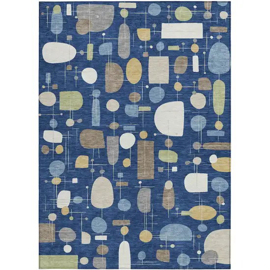 Navy Blue Ivory And Brown Geometric Washable Indoor Outdoor Area Rug Photo 3