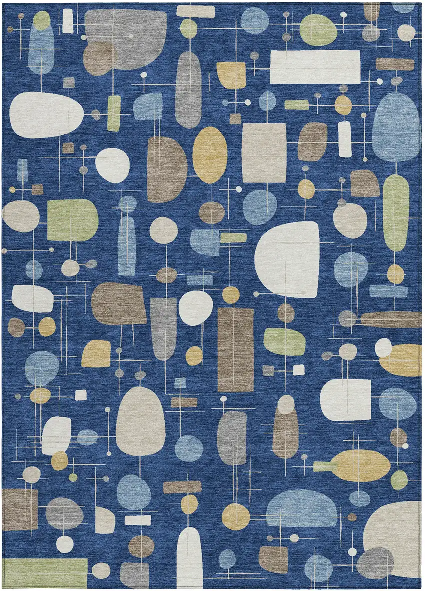 Navy Blue Ivory And Brown Geometric Washable Indoor Outdoor Area Rug Photo 3