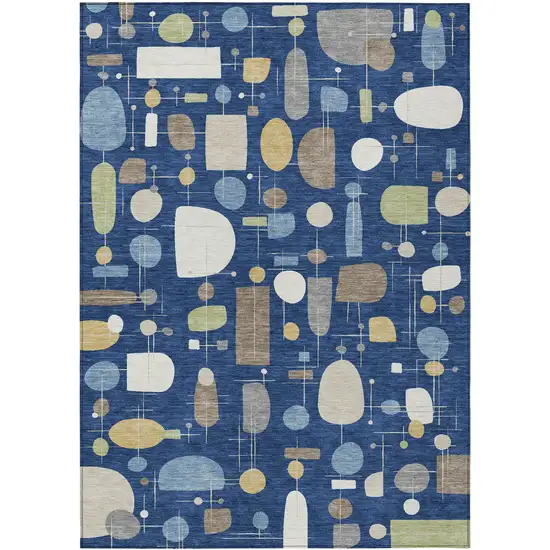Navy Blue Ivory And Brown Geometric Washable Indoor Outdoor Area Rug Photo 1