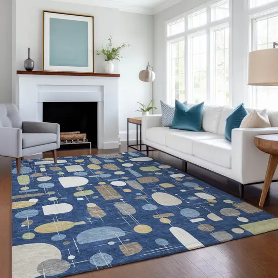 Navy Blue Ivory And Brown Geometric Washable Indoor Outdoor Area Rug Photo 5