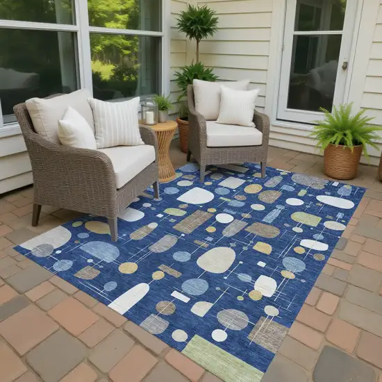 Navy Blue Ivory And Brown Geometric Washable Indoor Outdoor Area Rug Photo 4