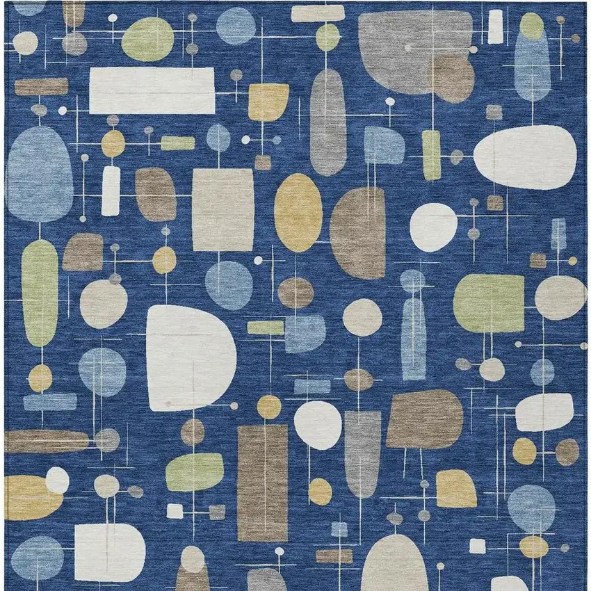 Navy Blue Ivory And Brown Geometric Washable Indoor Outdoor Area Rug Photo 3