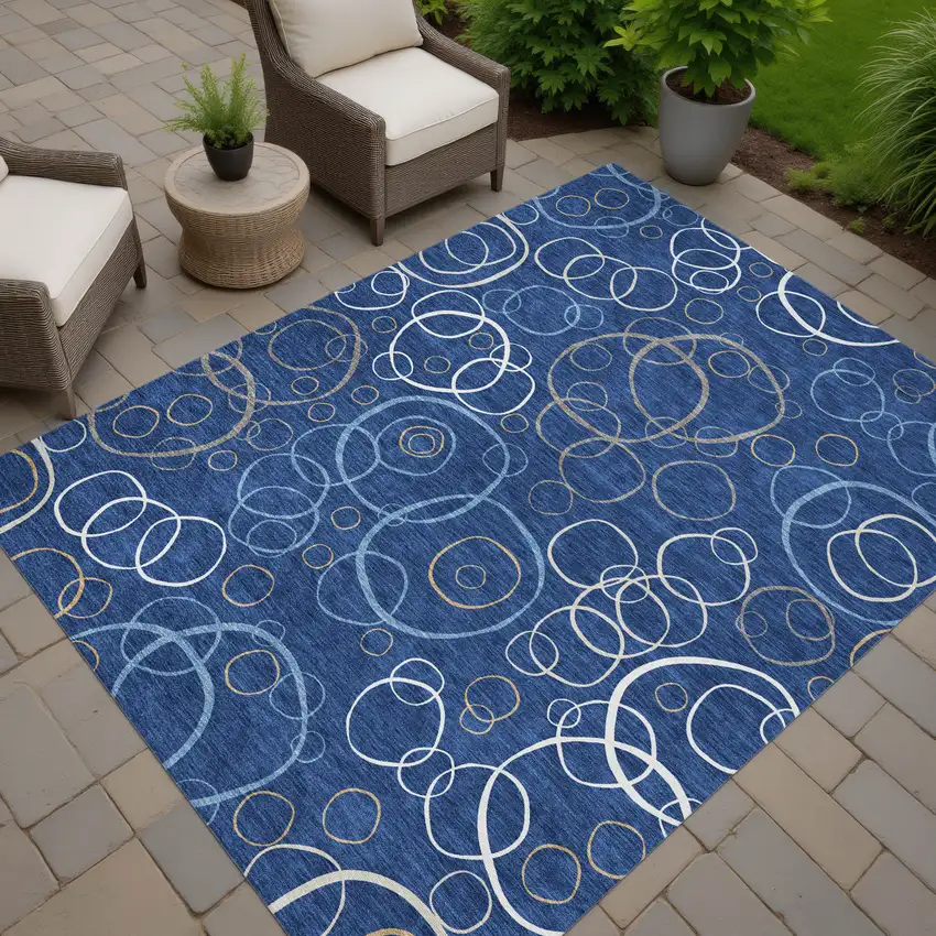 Navy Blue Ivory And Brown Geometric Washable Indoor Outdoor Area Rug Photo 6