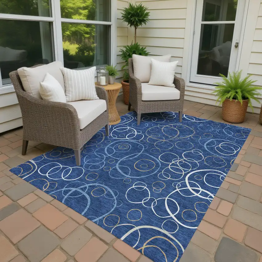 Navy Blue Ivory And Brown Geometric Washable Indoor Outdoor Area Rug Photo 3