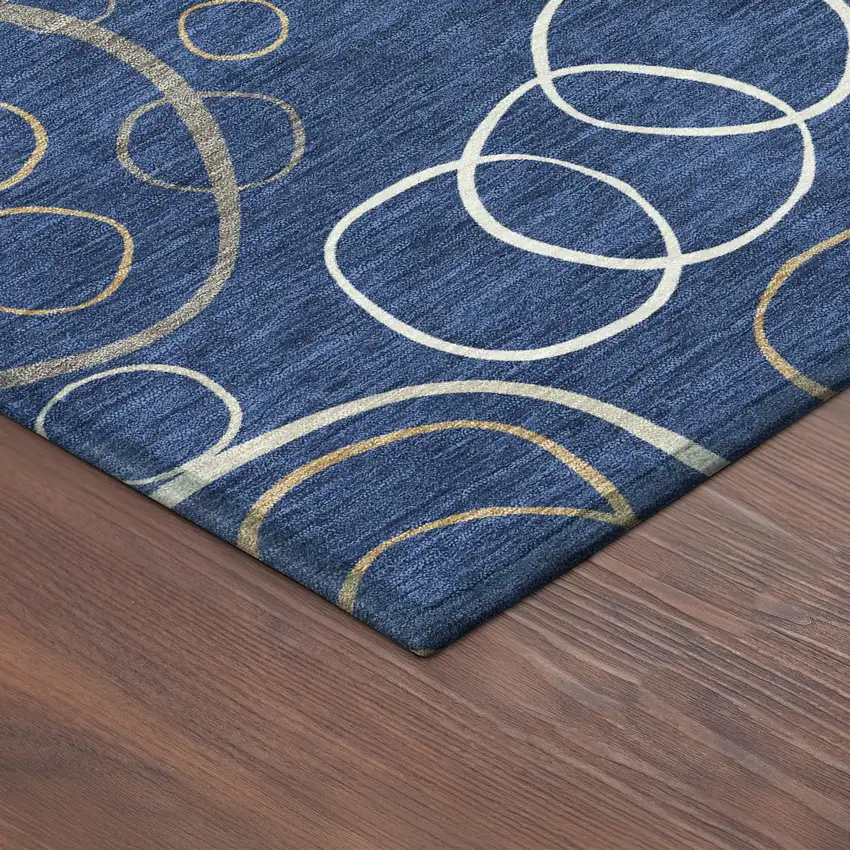 Navy Blue Ivory And Brown Geometric Washable Indoor Outdoor Area Rug Photo 5