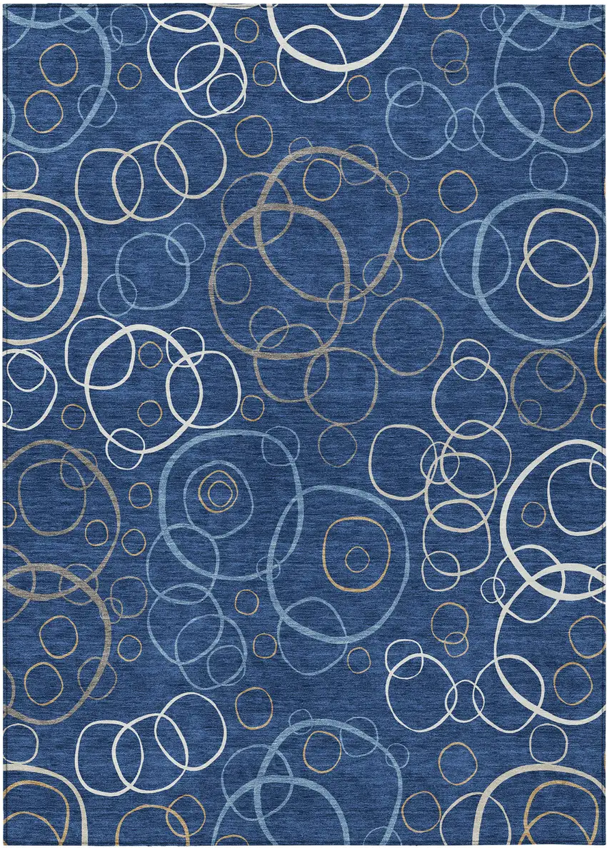 Navy Blue Ivory And Brown Geometric Washable Indoor Outdoor Area Rug Photo 8