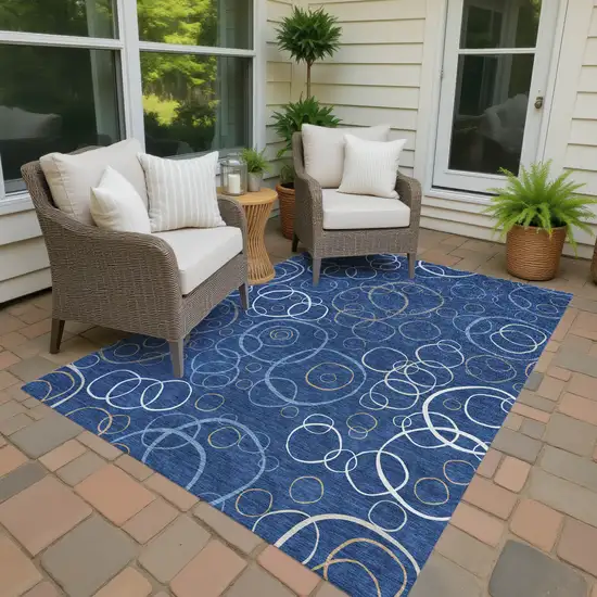 Navy Blue Ivory And Brown Geometric Washable Indoor Outdoor Area Rug Photo 3