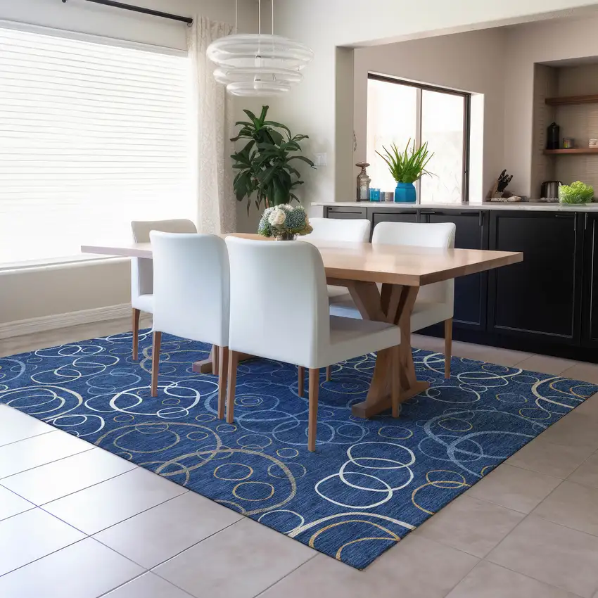 Navy Blue Ivory And Brown Geometric Washable Indoor Outdoor Area Rug Photo 6