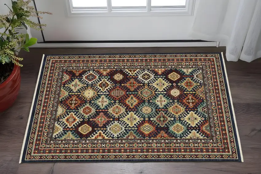 Navy Blue Ivory And Brown Oriental Area Rug With Fringe Photo 1