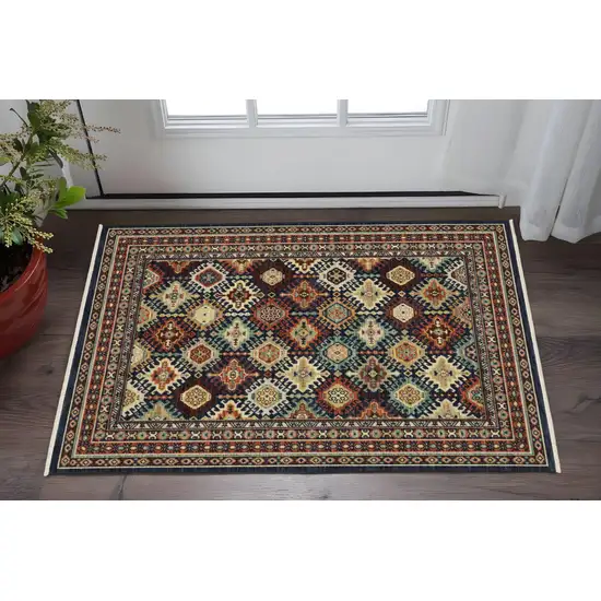 Navy Blue Ivory And Brown Oriental Area Rug With Fringe Photo 1