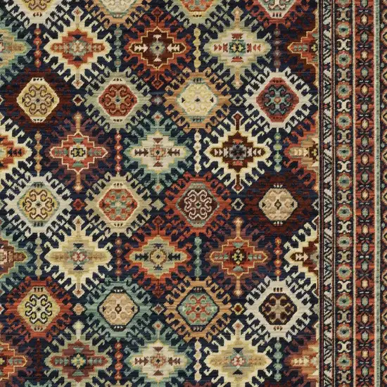 Navy Blue Ivory And Brown Oriental Area Rug With Fringe Photo 7