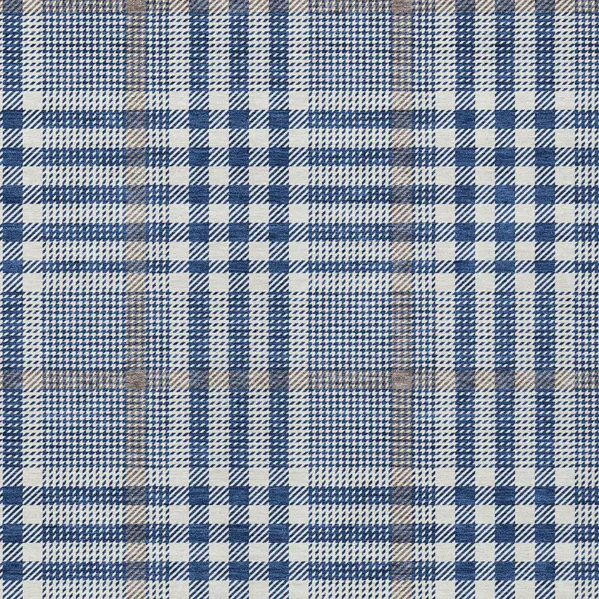 Navy Blue Ivory And Brown Plaid Washable Indoor Outdoor Area Rug Photo 5