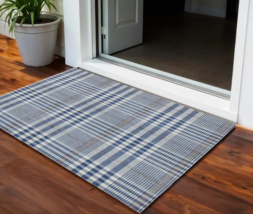 Navy Blue Ivory And Brown Plaid Washable Indoor Outdoor Area Rug Photo 1