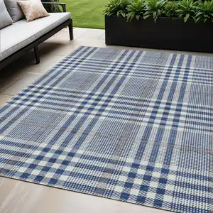 Photo of Navy Blue Ivory And Brown Plaid Washable Indoor Outdoor Area Rug