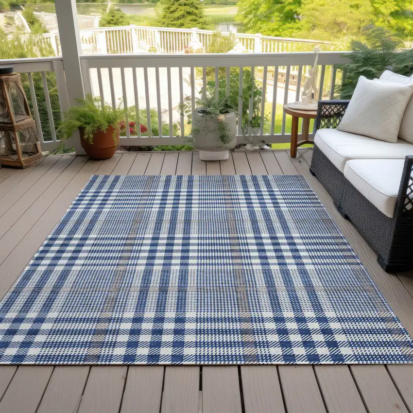 Navy Blue Ivory And Brown Plaid Washable Indoor Outdoor Area Rug Photo 7