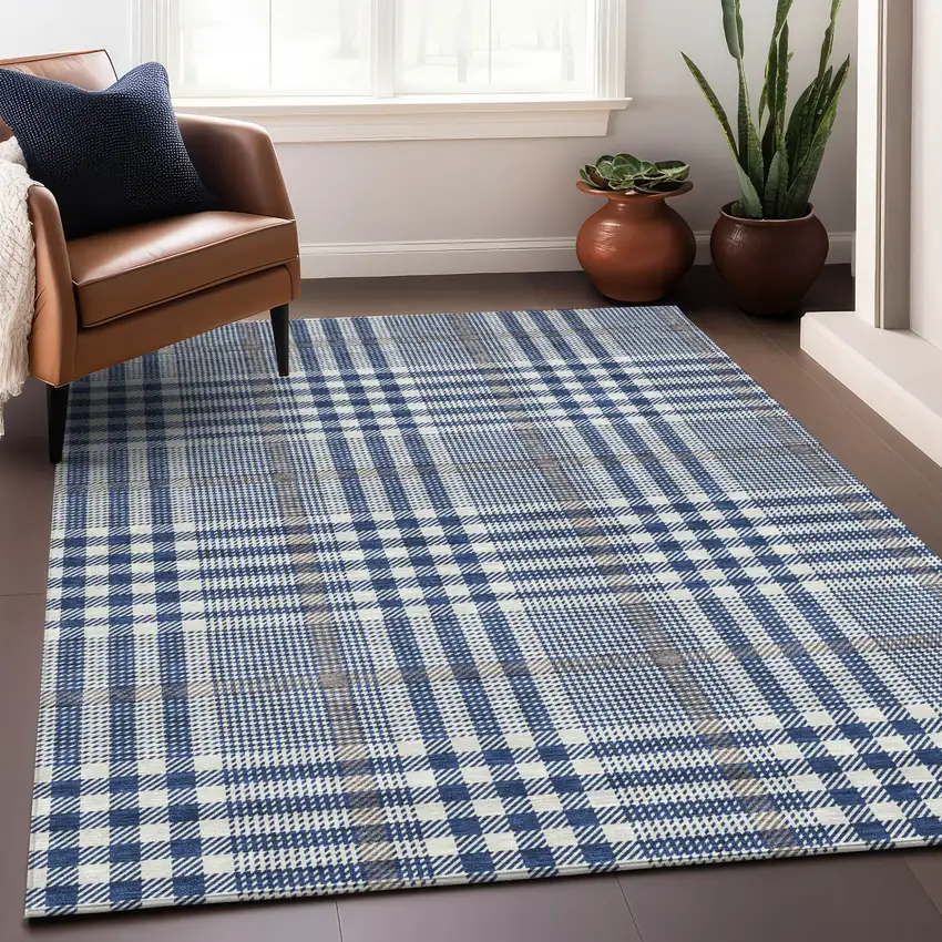 Navy Blue Ivory And Brown Plaid Washable Indoor Outdoor Area Rug Photo 8