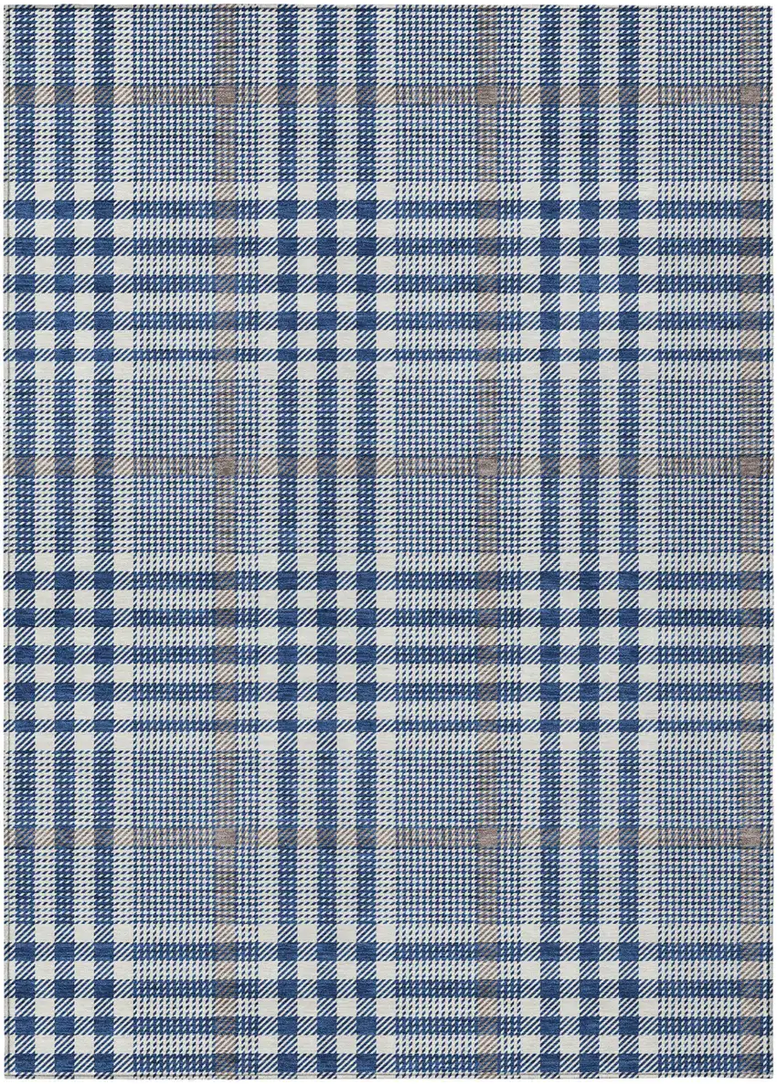 Navy Blue Ivory And Brown Plaid Washable Indoor Outdoor Area Rug Photo 2