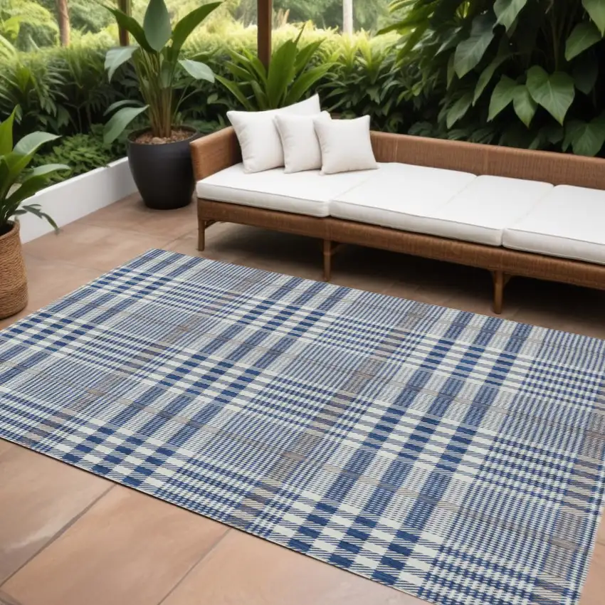 Navy Blue Ivory And Brown Plaid Washable Indoor Outdoor Area Rug Photo 1