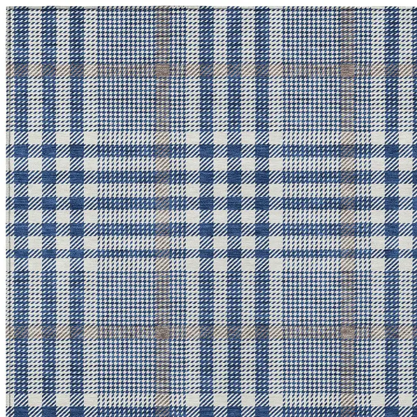 Navy Blue Ivory And Brown Plaid Washable Indoor Outdoor Area Rug Photo 5