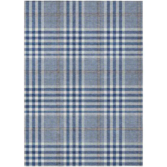 Navy Blue Ivory And Brown Plaid Washable Indoor Outdoor Area Rug Photo 2