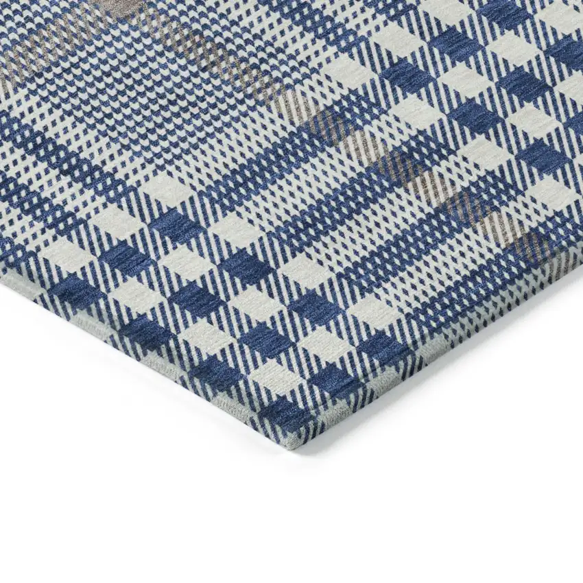 Navy Blue Ivory And Brown Plaid Washable Indoor Outdoor Area Rug Photo 4