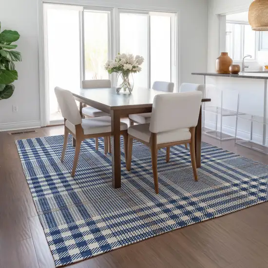 Navy Blue Ivory And Brown Plaid Washable Indoor Outdoor Area Rug Photo 9
