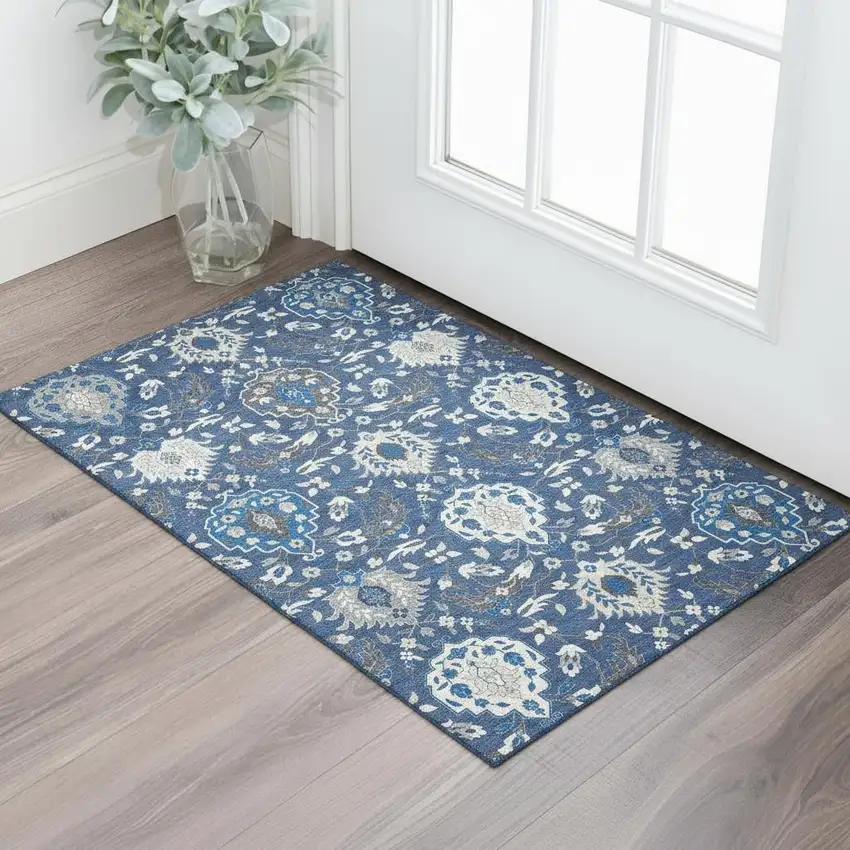 Navy Blue Ivory And Charcoal Damask Washable Area Rug With UV Protection Photo 2