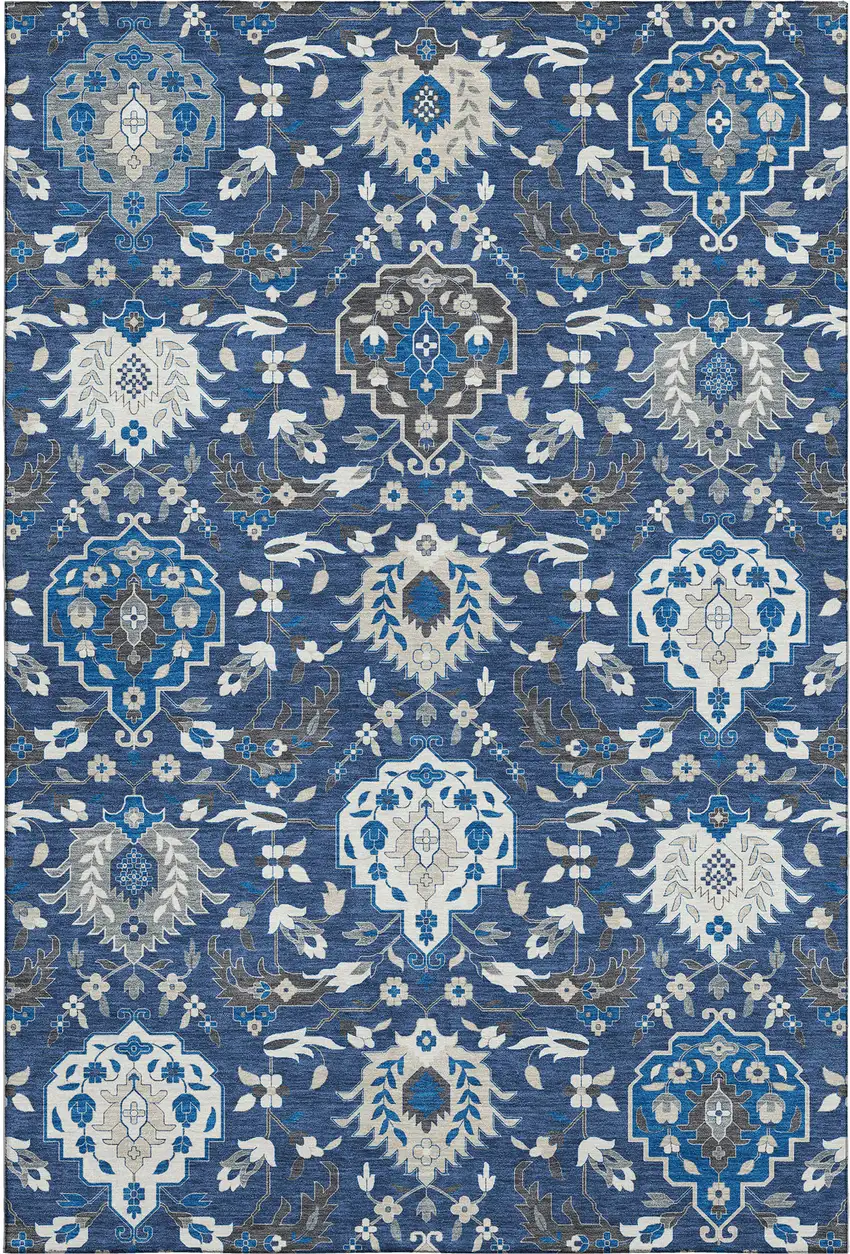 Navy Blue Ivory And Charcoal Damask Washable Area Rug With UV Protection Photo 1