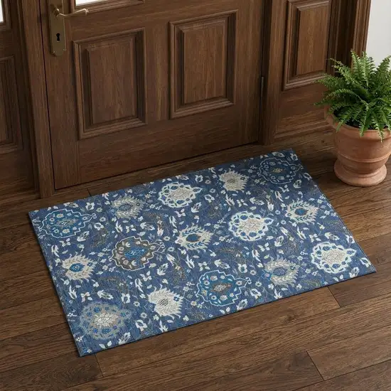 Navy Blue Ivory And Charcoal Damask Washable Area Rug With UV Protection Photo 1