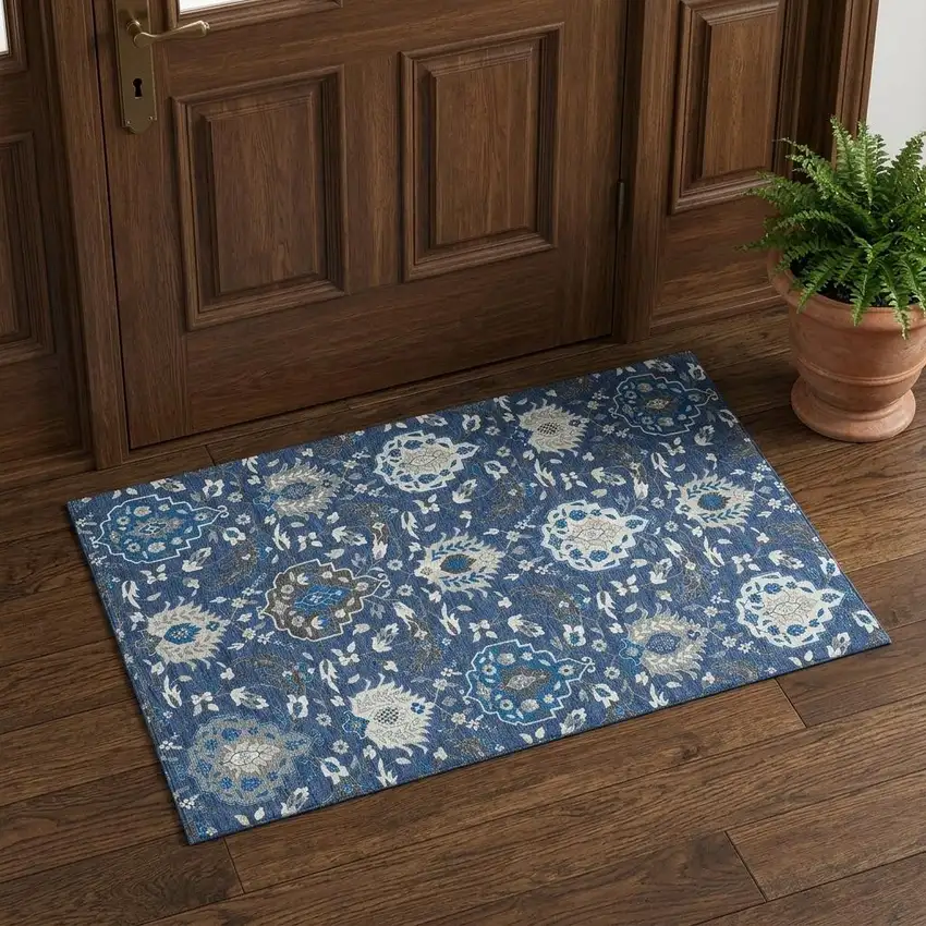Navy Blue Ivory And Charcoal Damask Washable Area Rug With UV Protection Photo 1