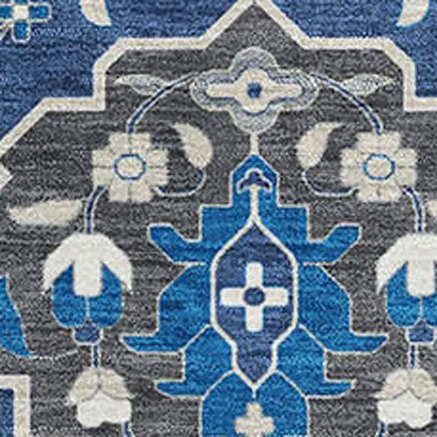 Navy Blue Ivory And Charcoal Damask Washable Area Rug With UV Protection Photo 2