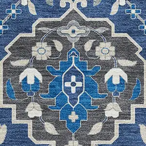 Photo of Navy Blue Ivory And Charcoal Damask Washable Area Rug With UV Protection