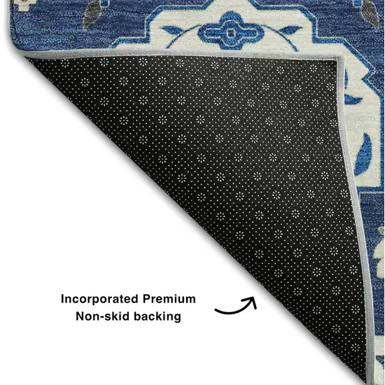 Navy Blue Ivory And Charcoal Damask Washable Area Rug With UV Protection Photo 6