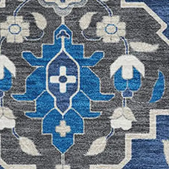 Navy Blue Ivory And Charcoal Damask Washable Area Rug With UV Protection Photo 2