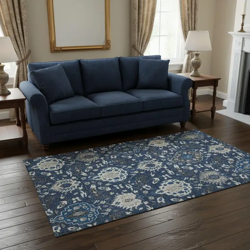 Navy Blue Ivory And Charcoal Damask Washable Area Rug With UV Protection Photo 2